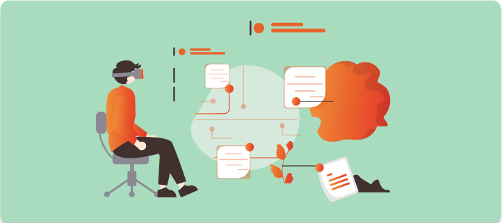 좌측은 얼굴에 VR장치를 쓴 사람이  의자에 앉아 있고, 우측은 식물, 기체 등의 기타형상에 문서가 선으로 연결된 이미지.